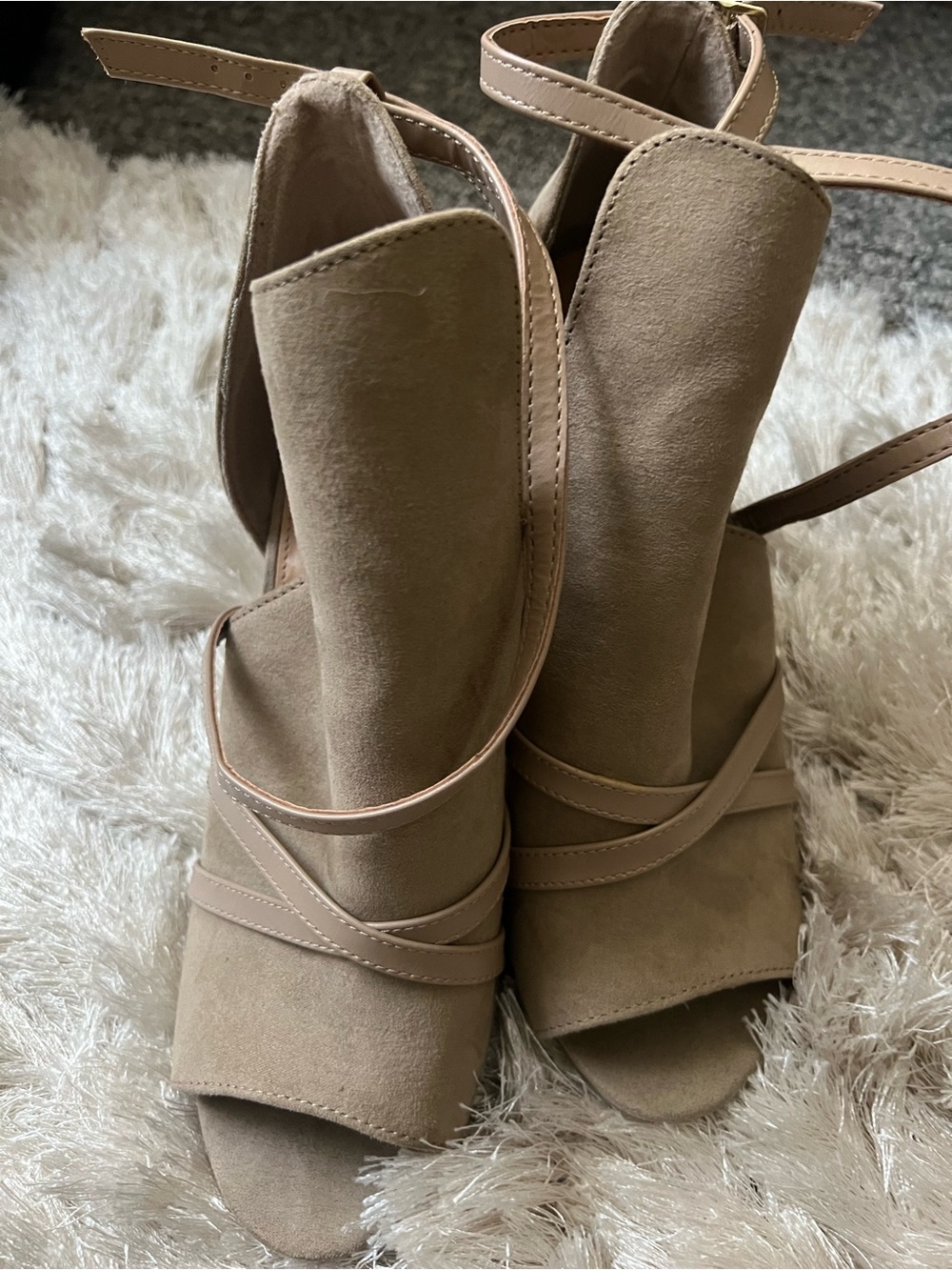 Christian Siriano Taupe Suede Peep-Toe Ankle Strap Heeled Boots - Taupe